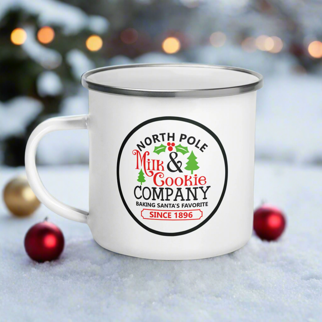 North Pole Milk & Cookie Company Christmas Hot Chocolate Camping Enamel Mug