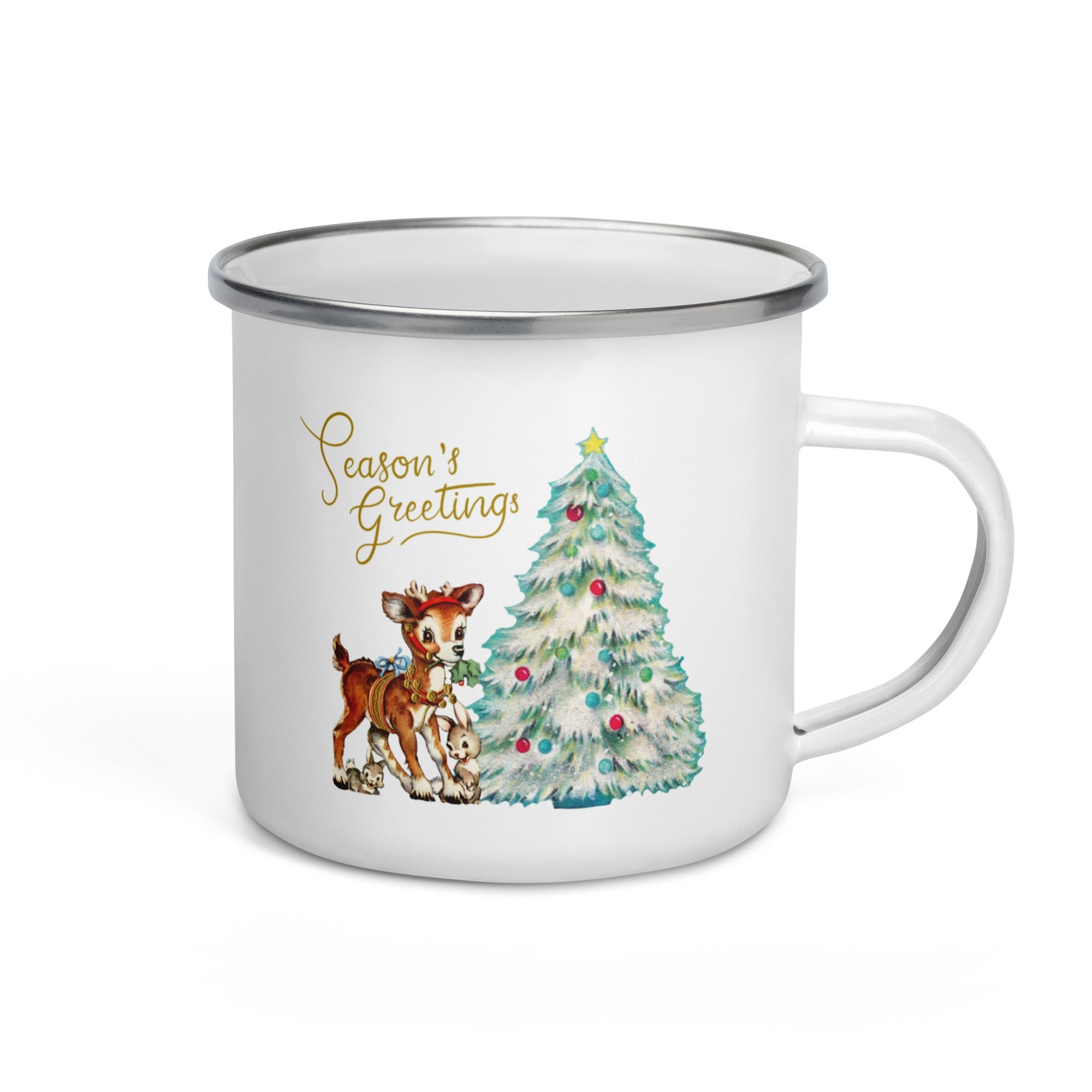 Christmas Reindeer And Bunny Mid Century Retro Christmas Print Hot Chocolate Camping Enamel Mug