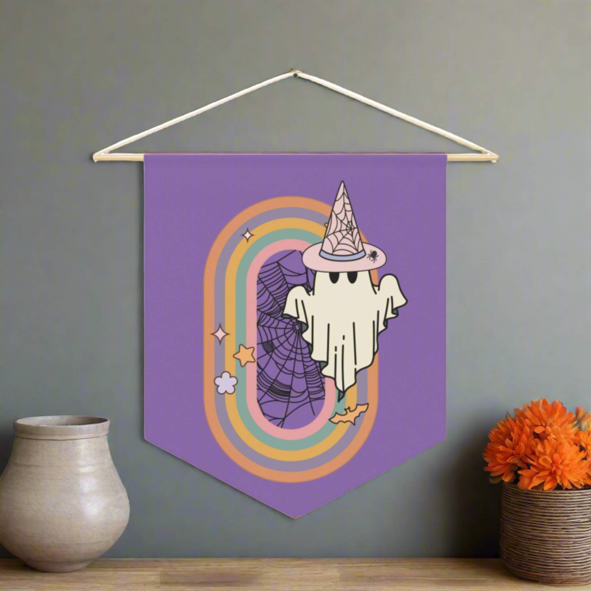 Witch Ghost Retro Boho Halloween Wall Hanging Banner Flag