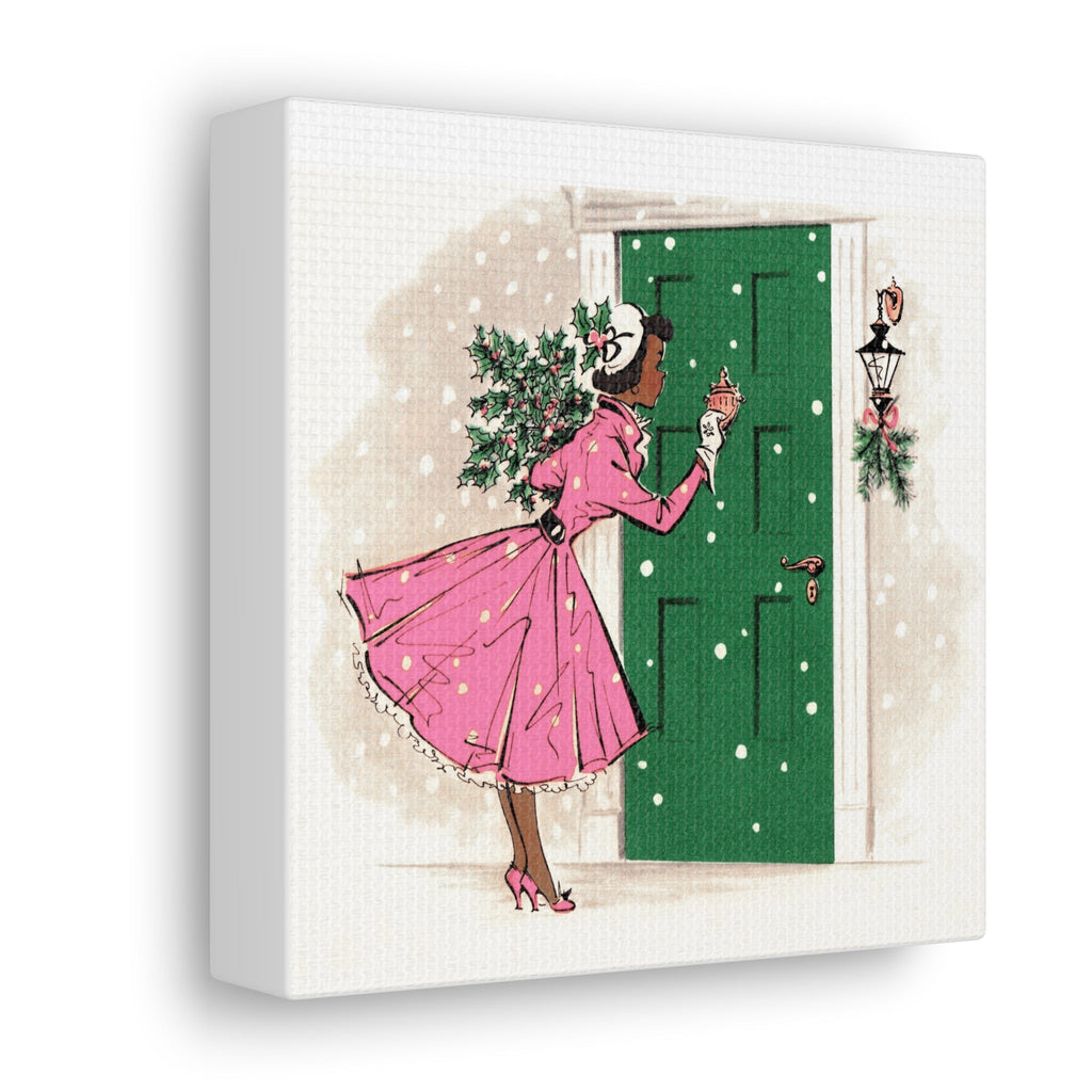 Christmas Lady With Pine Holly Retro Christmas Print Canvas Gallery Wrap