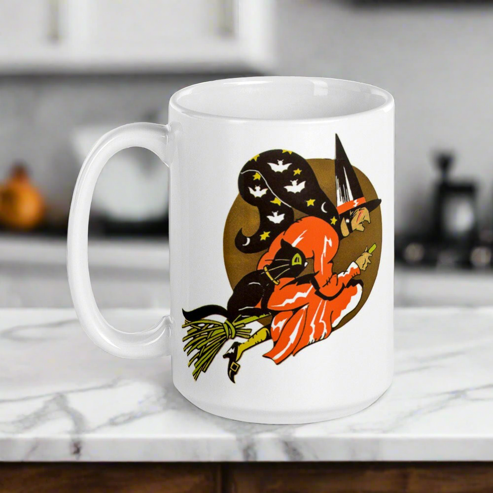 Gold Moon Halloween Witch Black Cat Retro Glossy Coffee Mug