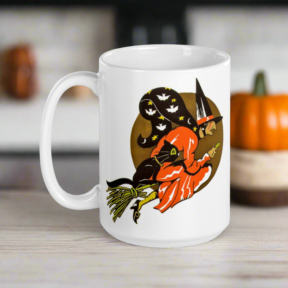 Gold Moon Halloween Witch Black Cat Retro Glossy Coffee Mug