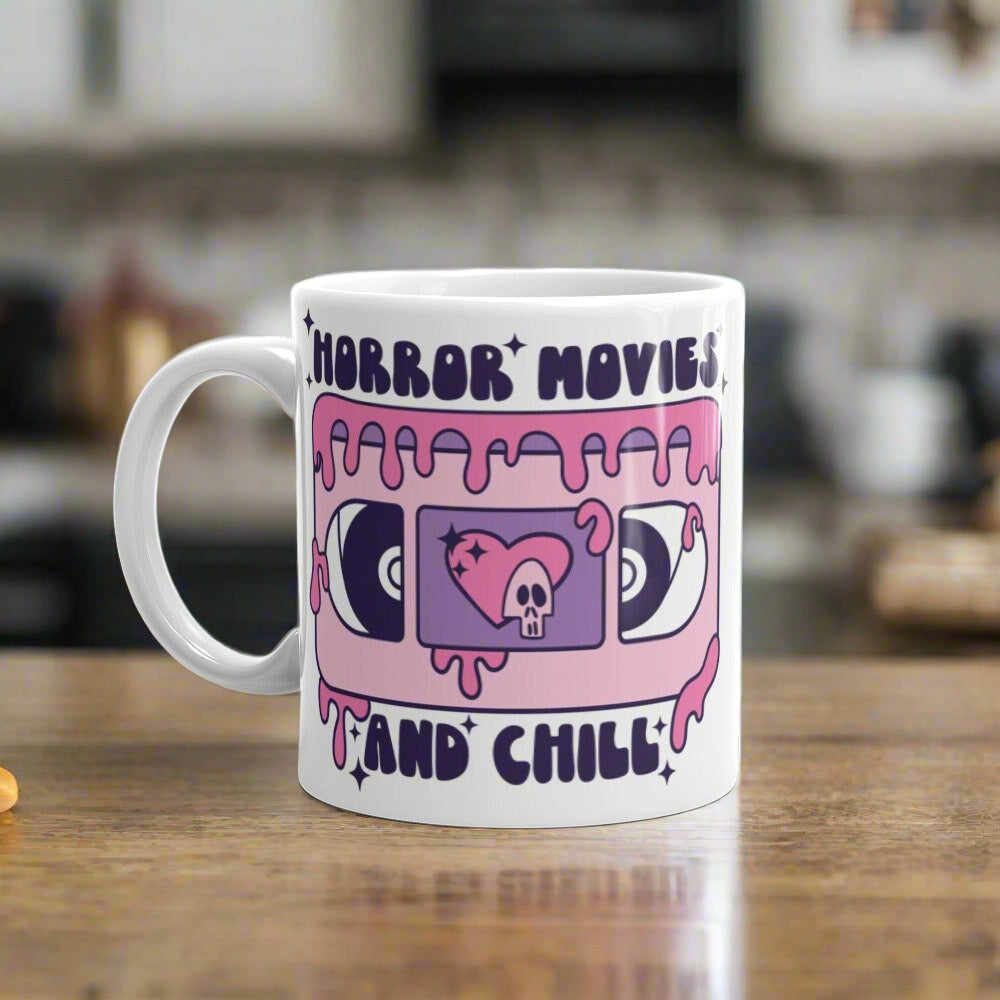 Horror Movies And Chill Distressed Retro Style Halloween Print Glossy Mug