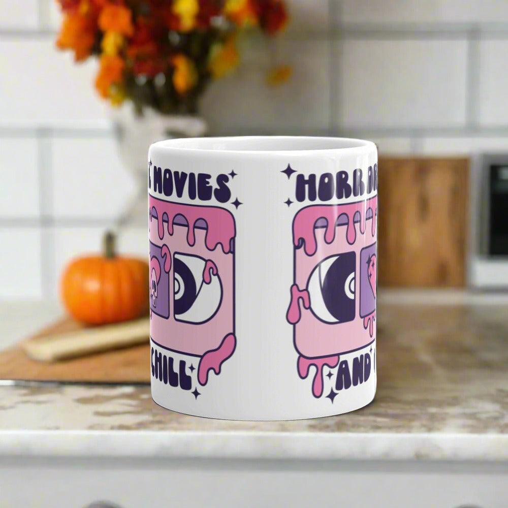 Horror Movies And Chill Distressed Retro Style Halloween Print Glossy Mug