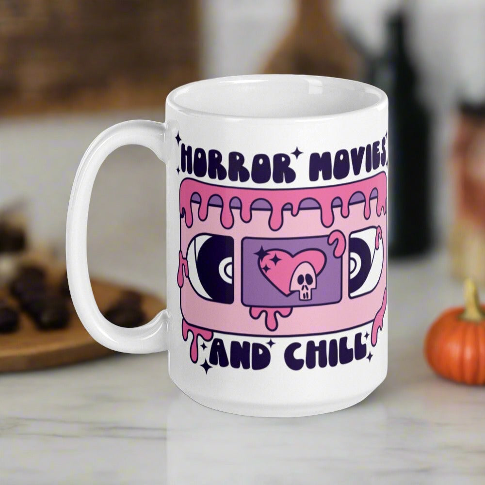 Horror Movies And Chill Distressed Retro Style Halloween Print Glossy Mug