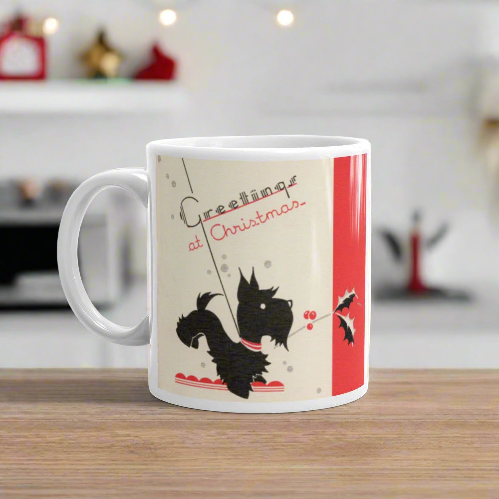 Greetings At Christmas Black Scottie Midcentury Christmas Coffee Mug