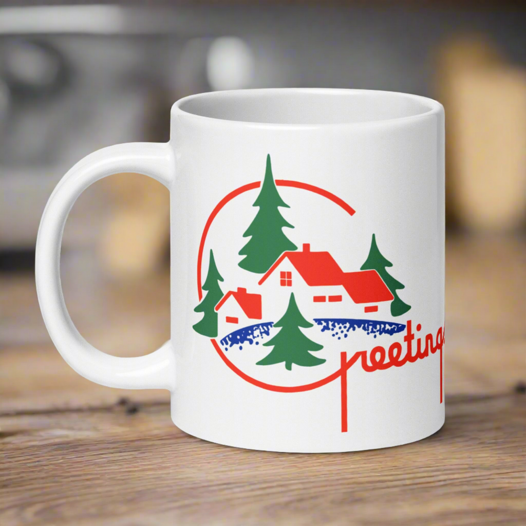 Greetings Mid Century Retro Christmas Print White Glossy Coffee Mug