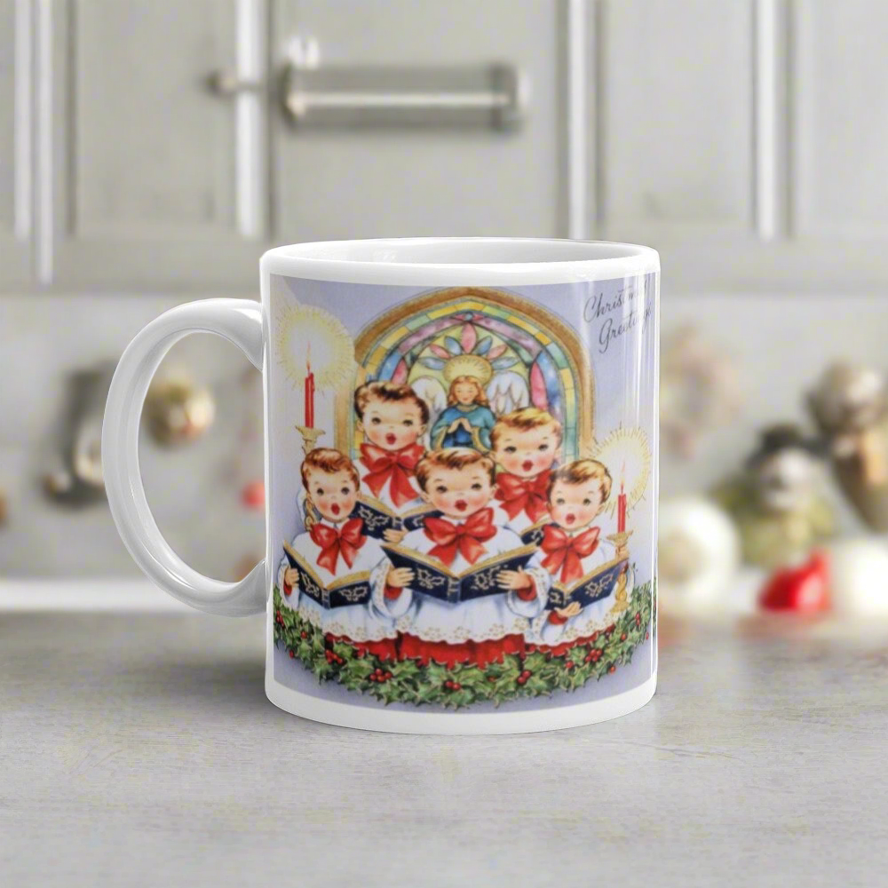 Christmas Greetings Children's Choir Of Carolers Mid Century Retro Christmas Coffee Mug