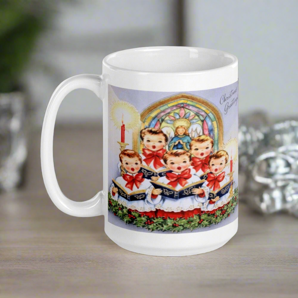 Christmas Greetings Children's Choir Of Carolers Mid Century Retro Christmas Coffee Mug