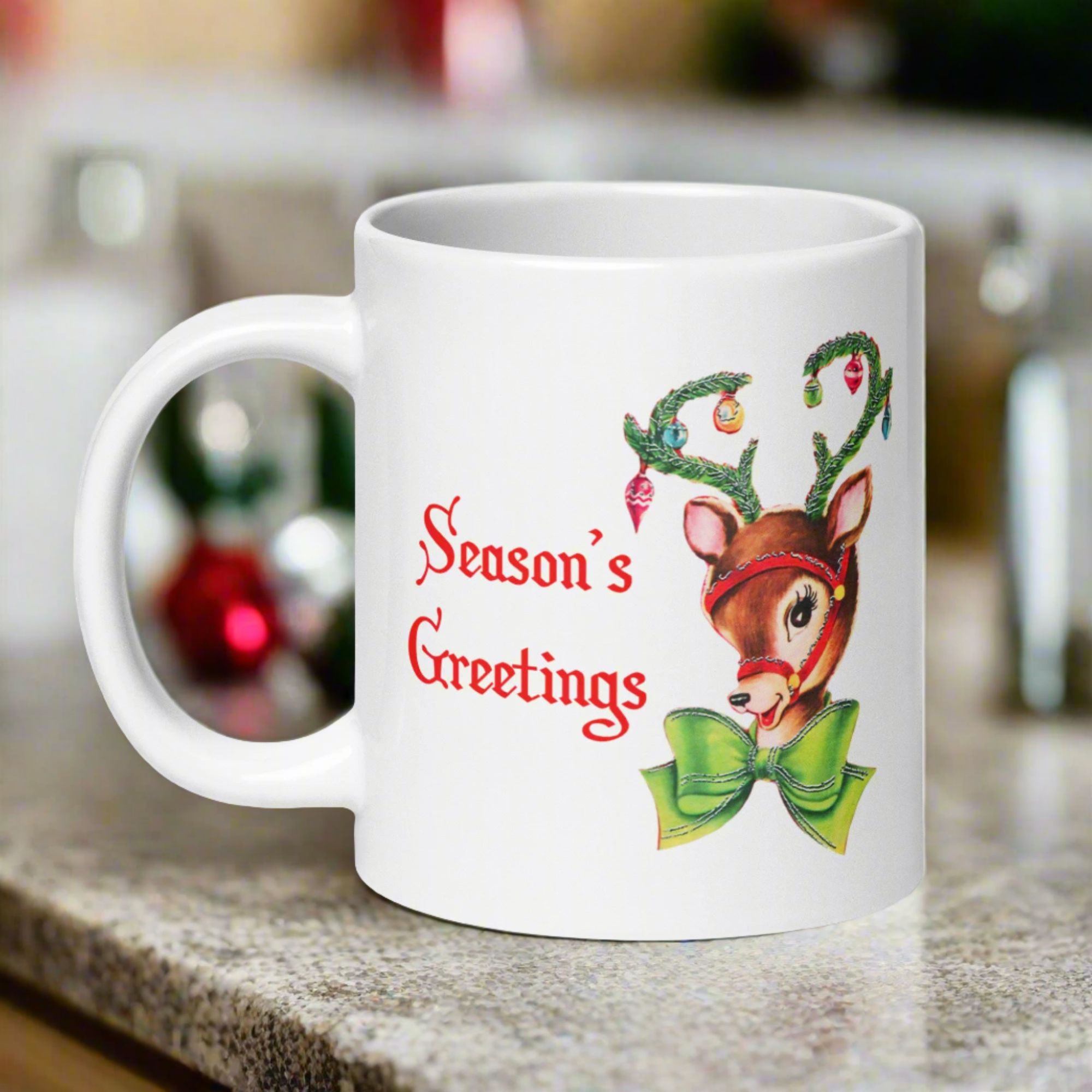 Season's Greetings Reindeer Retro Mid Century Christmas Print White Glossy Mug