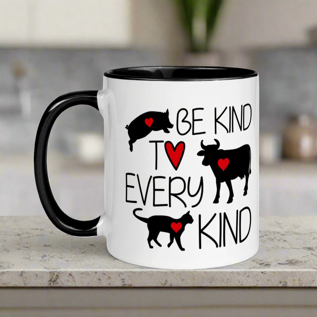 Be Kind To Every Kind Vegan Black Lined Glossy Mug