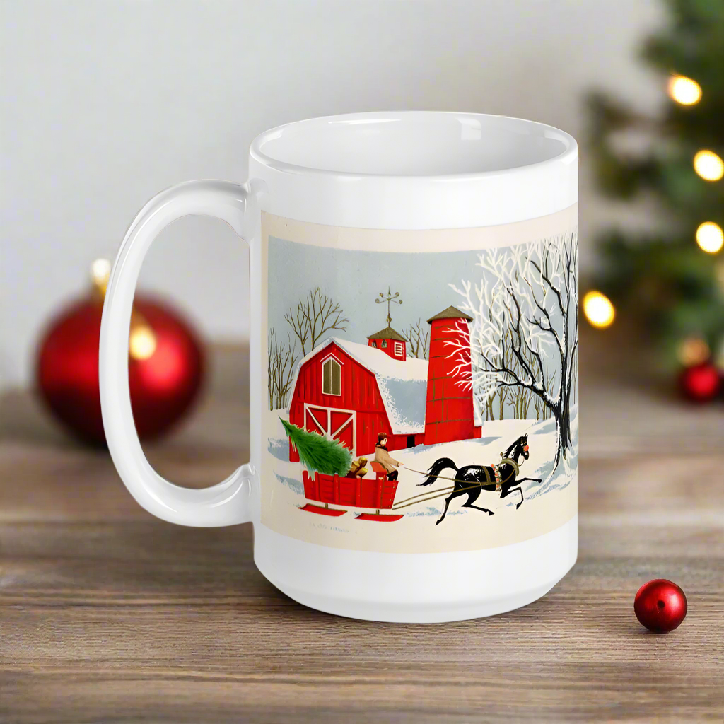 Country Barn Sleigh Ride Retro Christmas Glossy Coffee Mug