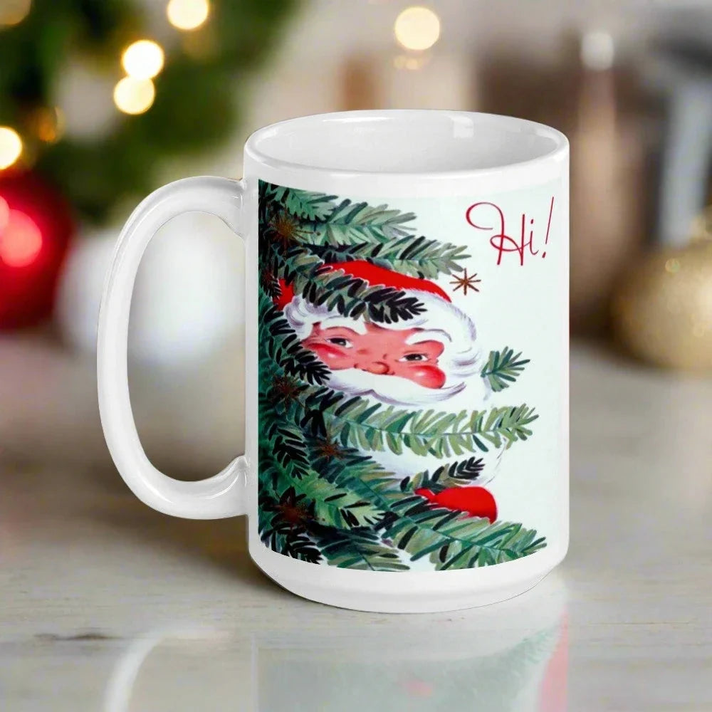 Hi! Santa In Tree Retro Vintage Glossy Coffee Mug