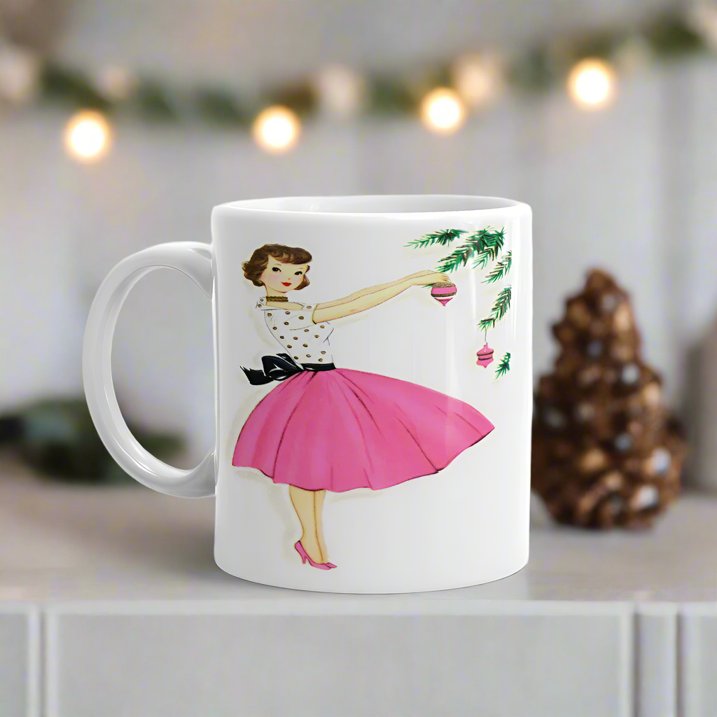 Christmas Lady Decorating Tree Pink Mid Century Retro Christmas Print Glossy Mug