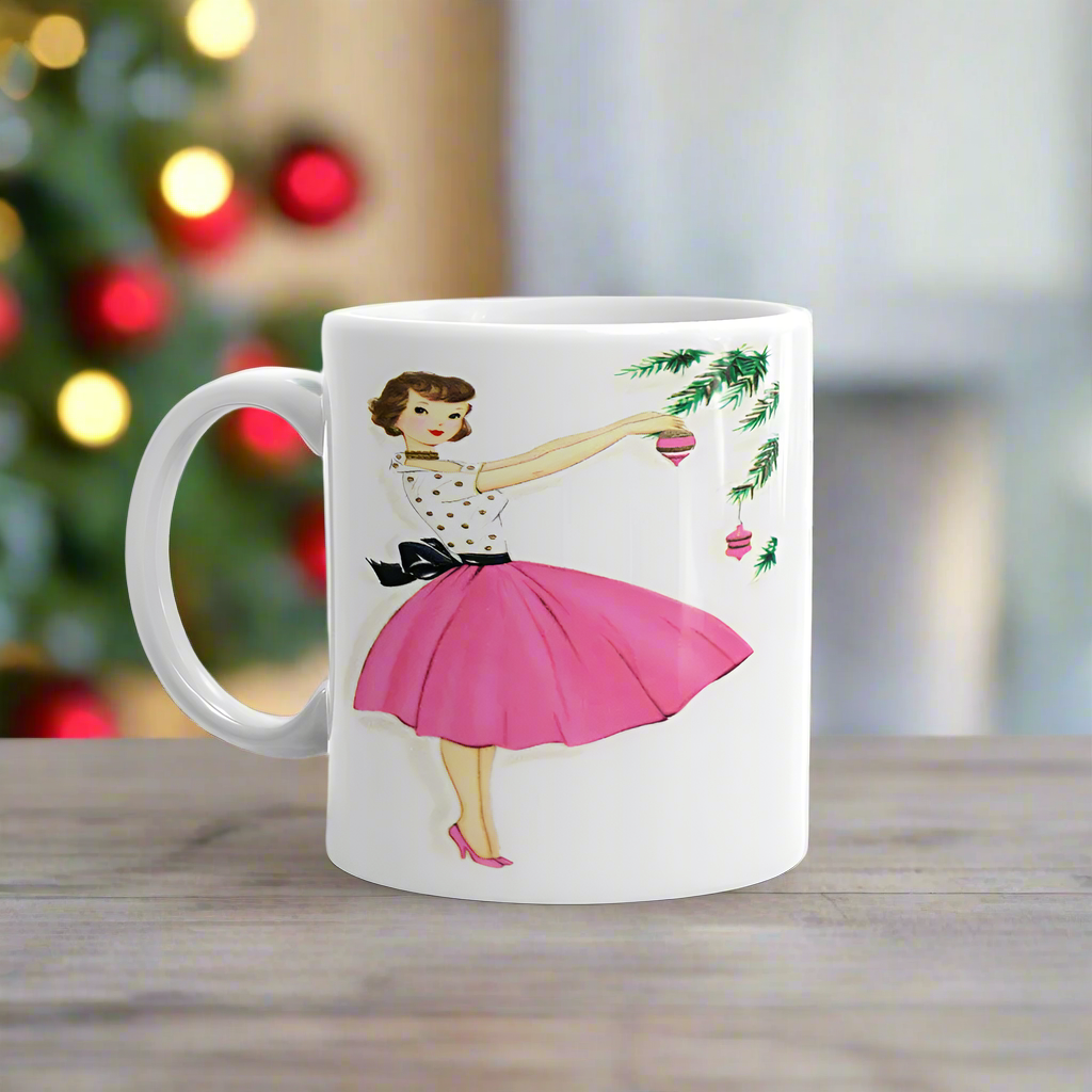 Christmas Lady Decorating Tree Pink Mid Century Retro Christmas Print Glossy Mug