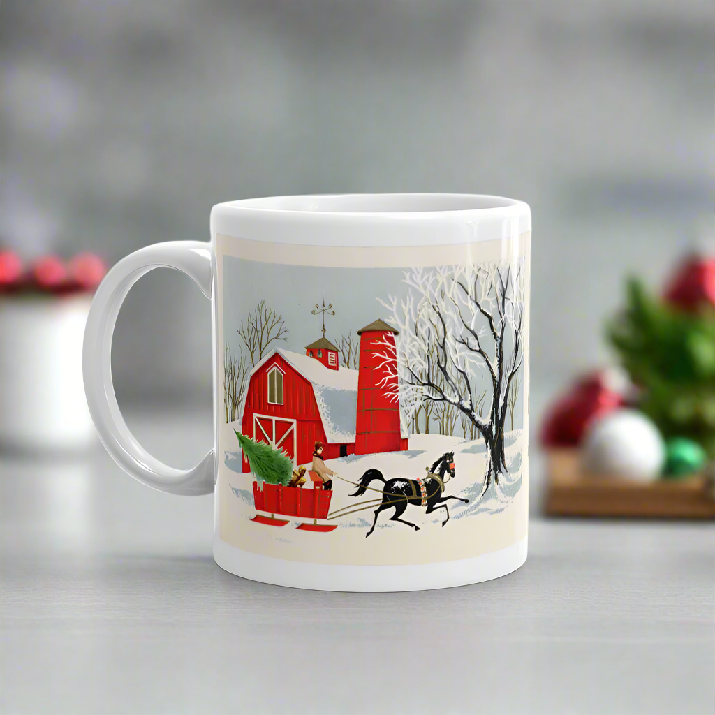 Country Barn Sleigh Ride Retro Christmas Glossy Coffee Mug