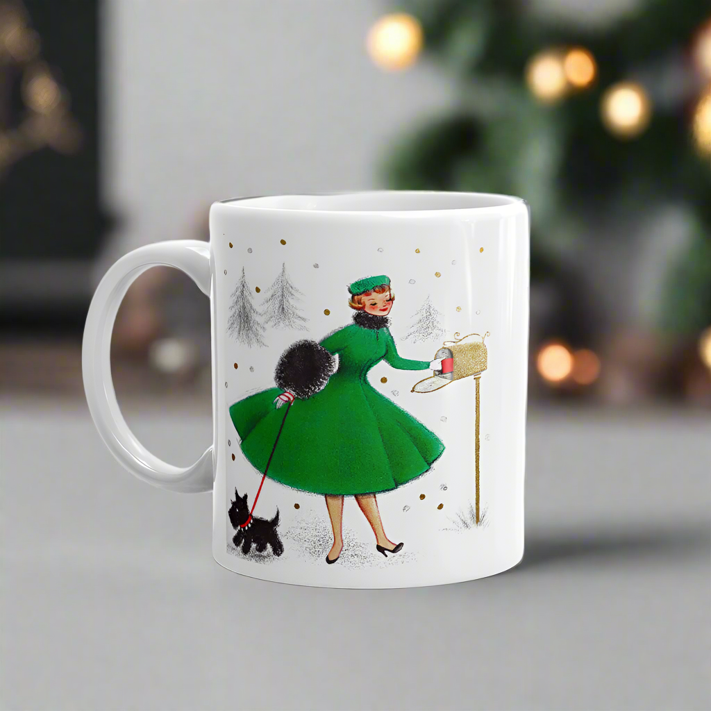Christmas Lady With Black Scottie Dog At Mailbox Mid Century Retro Christmas Print Glossy Mug