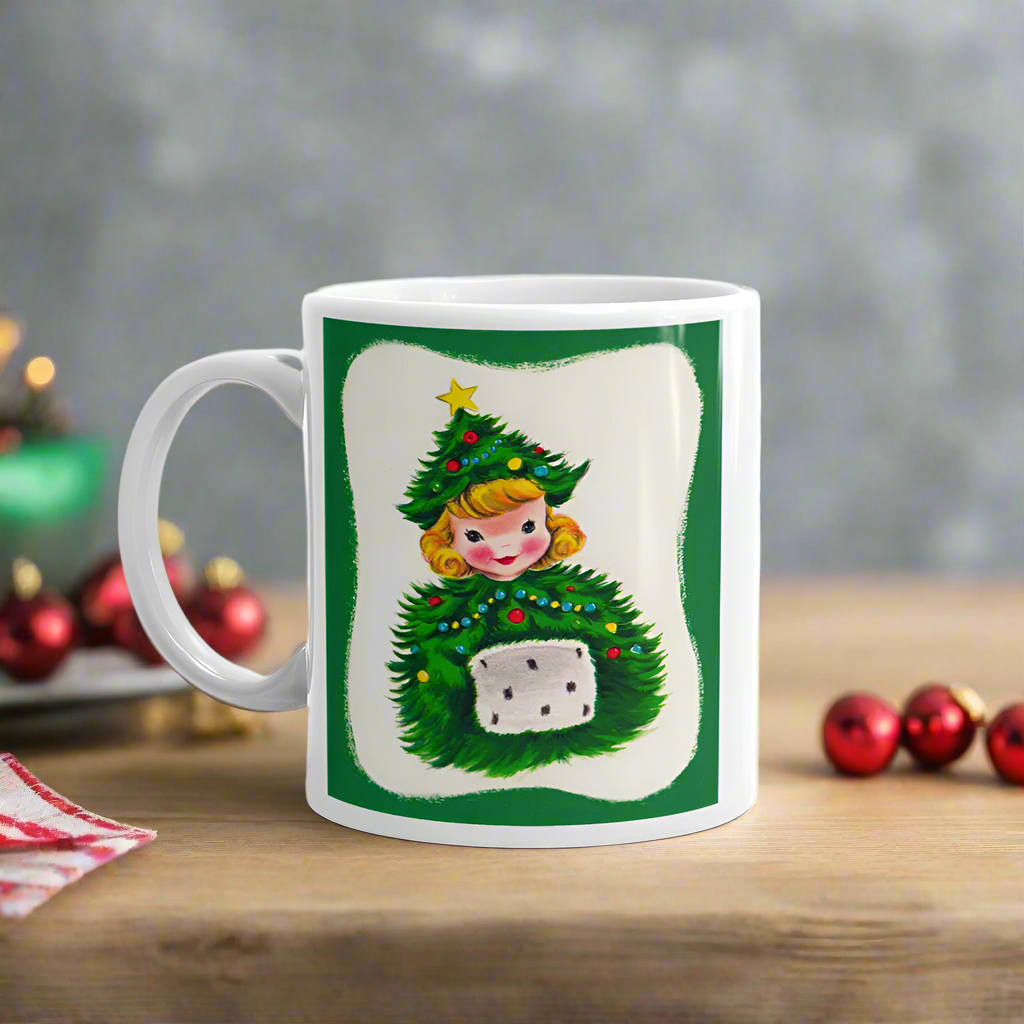 Christmas Tree Hat Girl Midcentury Retro Christmas Glossy Coffee Mug