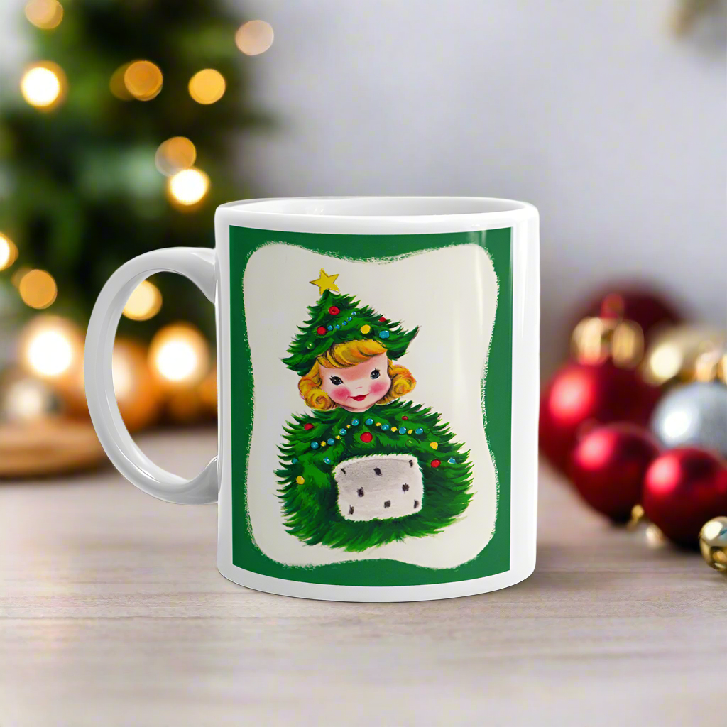 Christmas Tree Hat Girl Midcentury Retro Christmas Glossy Coffee Mug