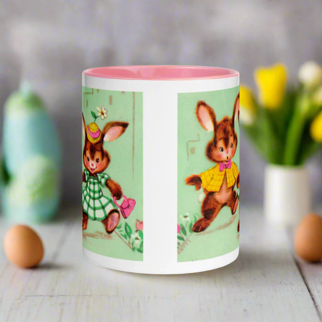 Midcentury Easter Bunnies Yellow Or Pink Lined Glossy Coffee Mug