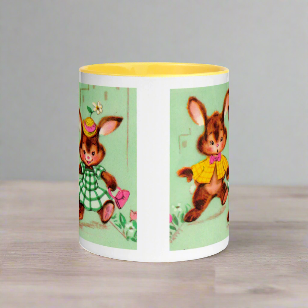 Midcentury Easter Bunnies Yellow Or Pink Lined Glossy Coffee Mug