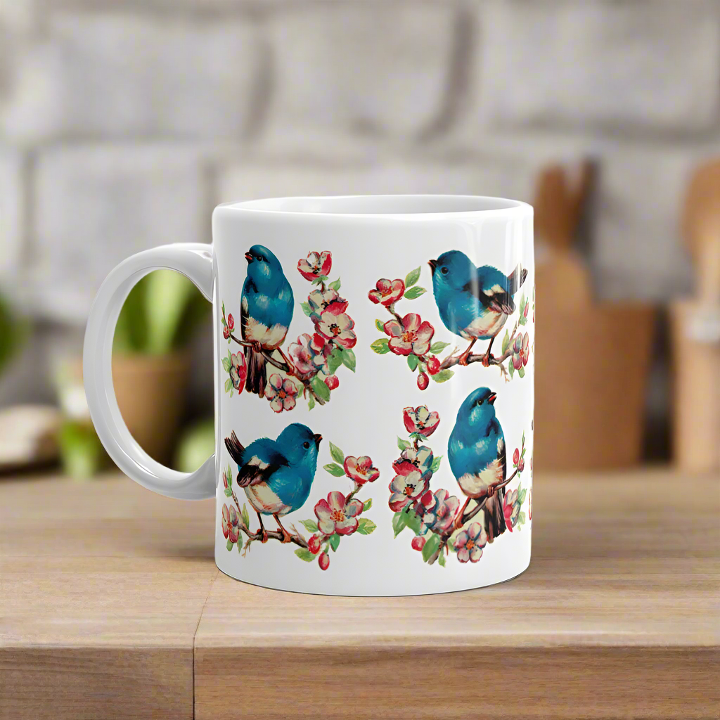 Vintage Style Retro Spring Bluebirds Glossy Coffee Mug