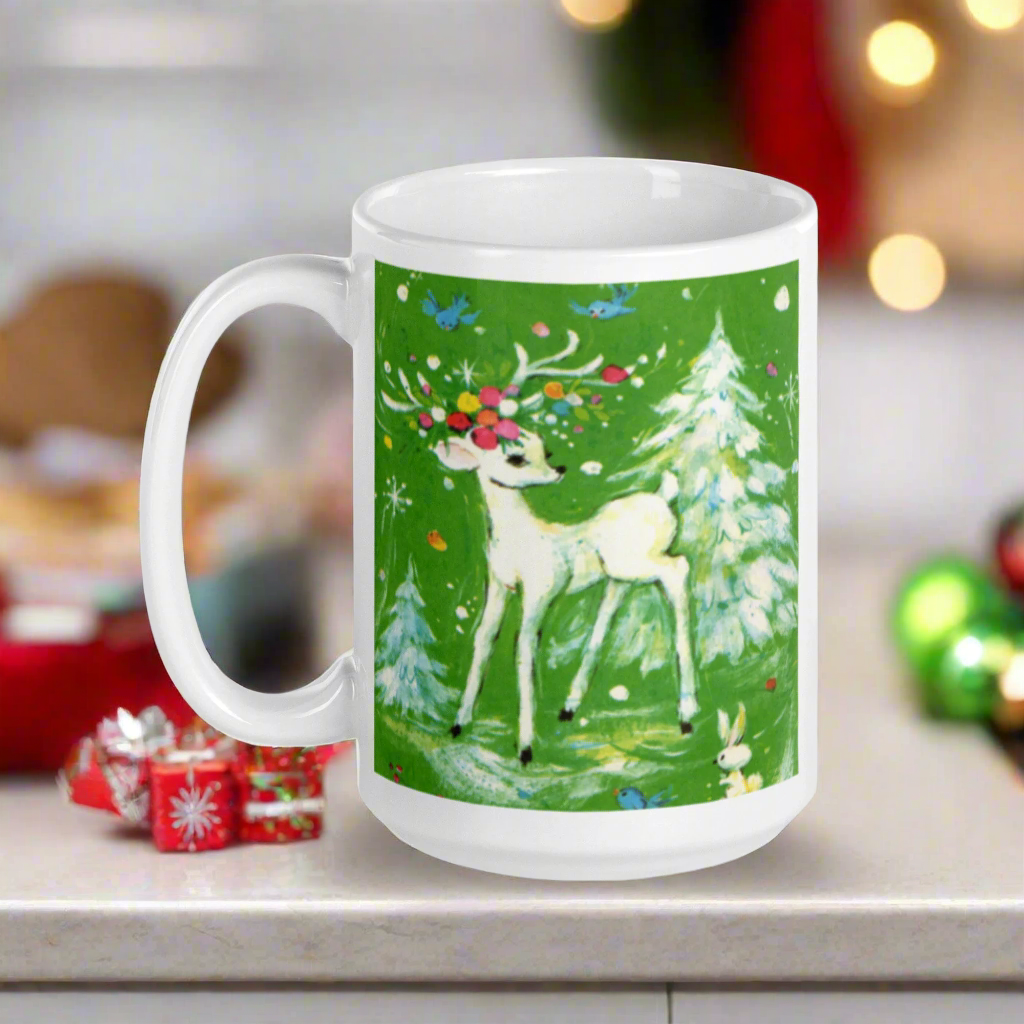 White Reindeer With Ornaments Woodland Winter Mid Century Retro Christmas Print Glossy Mug
