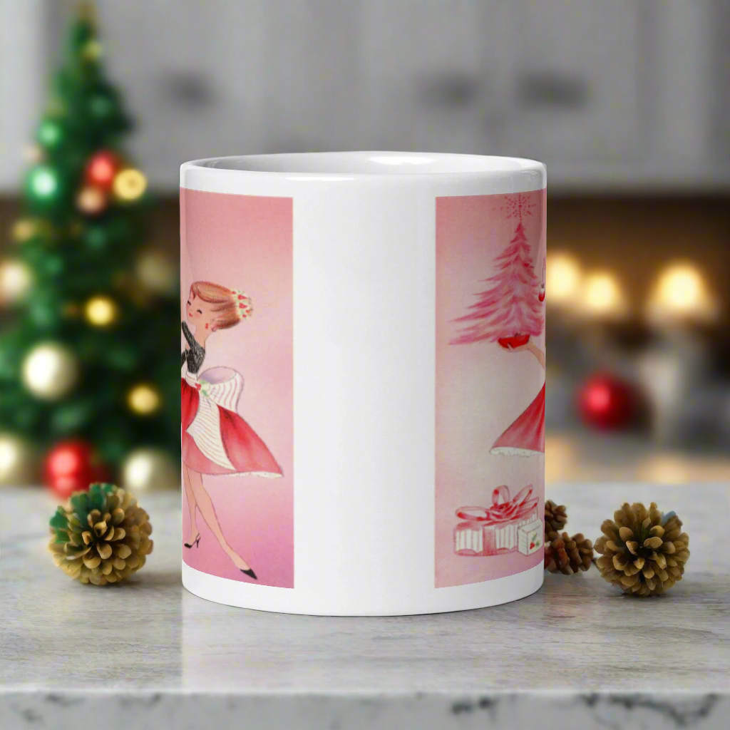Pink Christmas Lady Housewife With Tree Midcentury Retro Christmas Glossy Coffee Mug