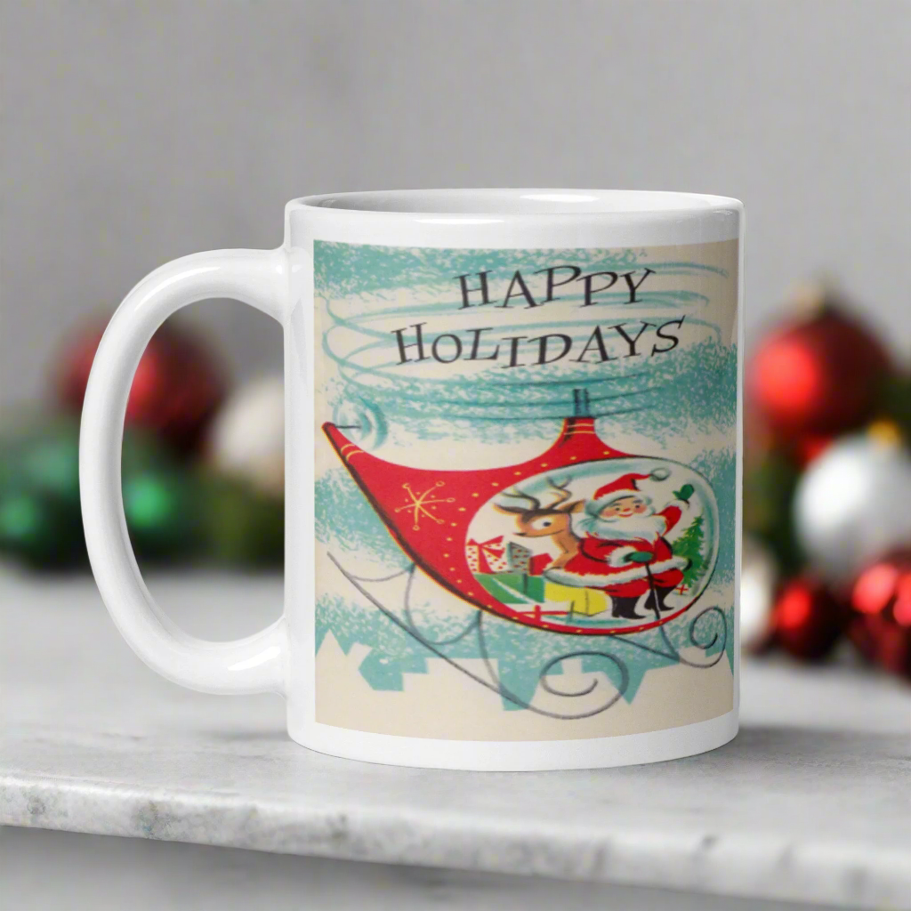 Happy Holidays Santa In Helicopter Mid Century Retro Christmas Print Glossy Mug