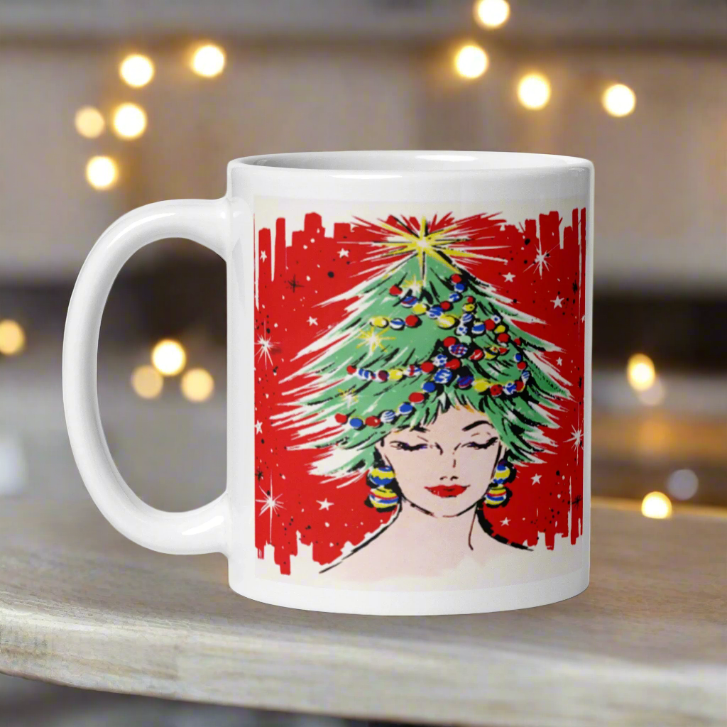 Christmas Tree Hat Lady Midcentury Retro Glossy Coffee Mug