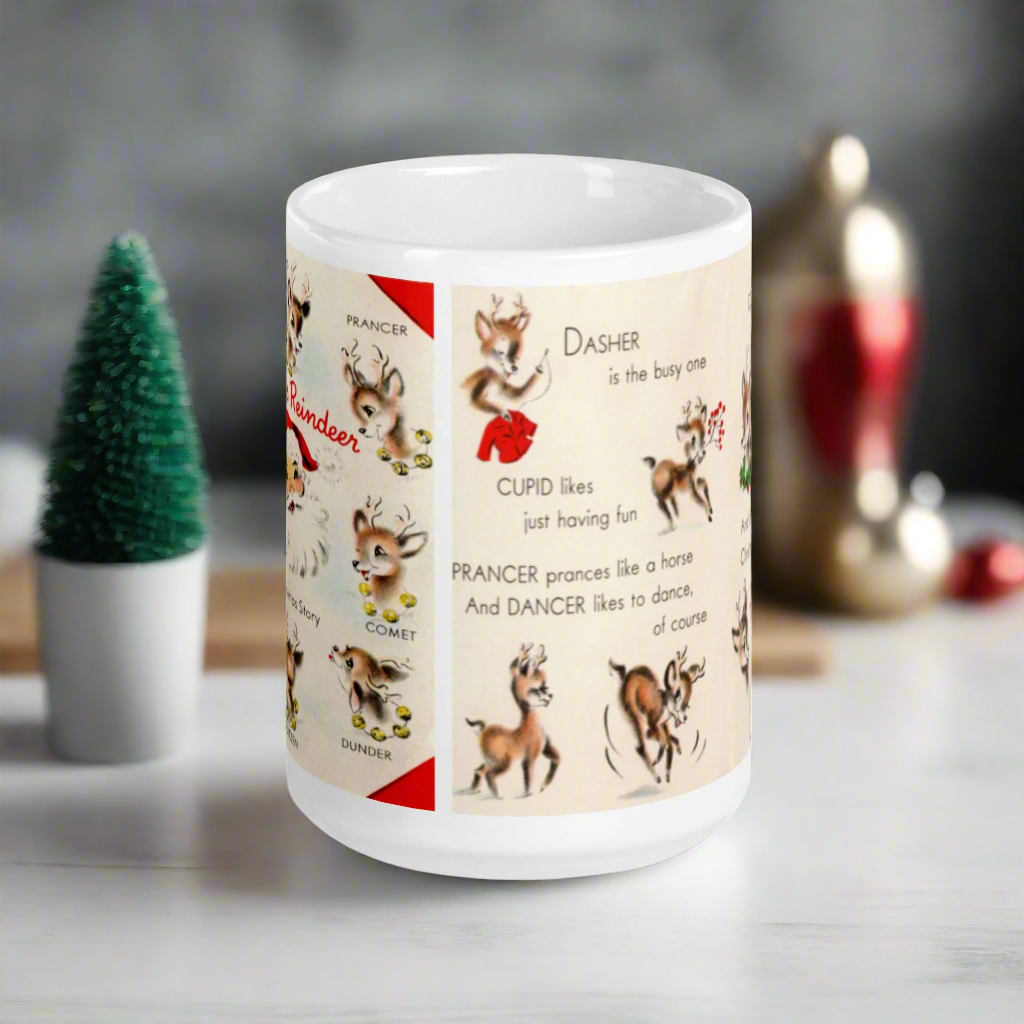 Santa’s Reindeer Story Christmas Midcentury Retro Glossy Coffee Mug