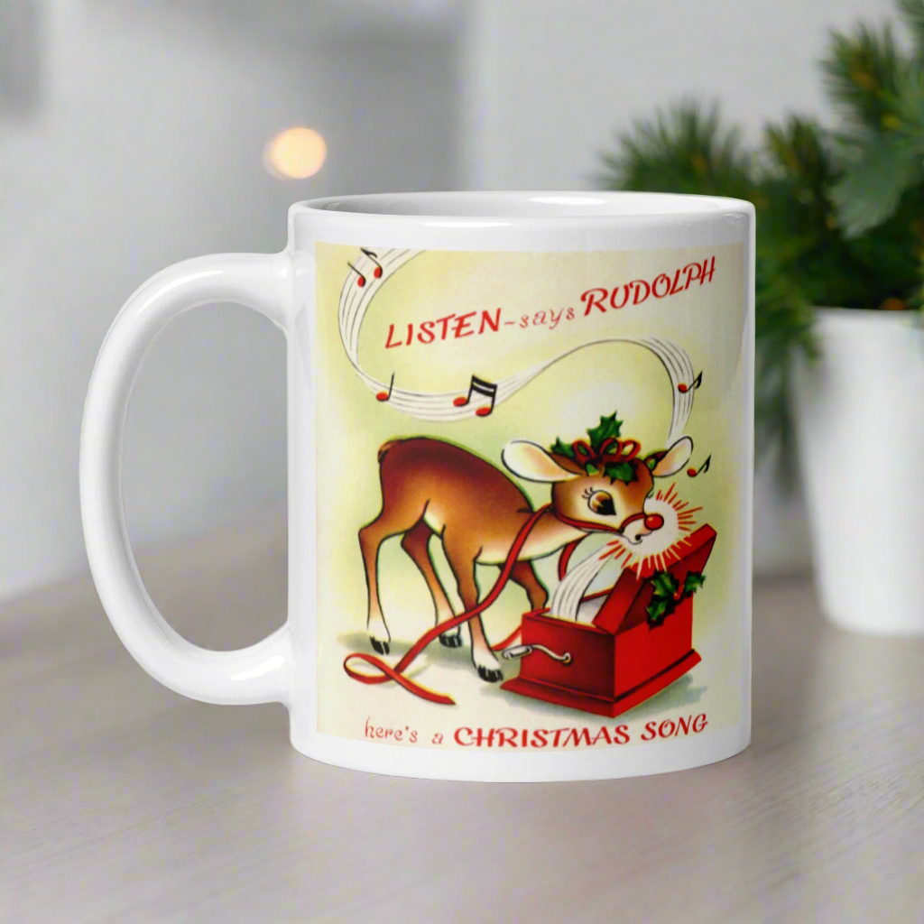 Listen Says Rudolph Here's A Christmas Song Mid Century Retro Glossy Coffee Mug