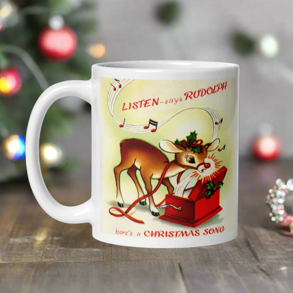 Listen Says Rudolph Here's A Christmas Song Mid Century Retro Glossy Coffee Mug