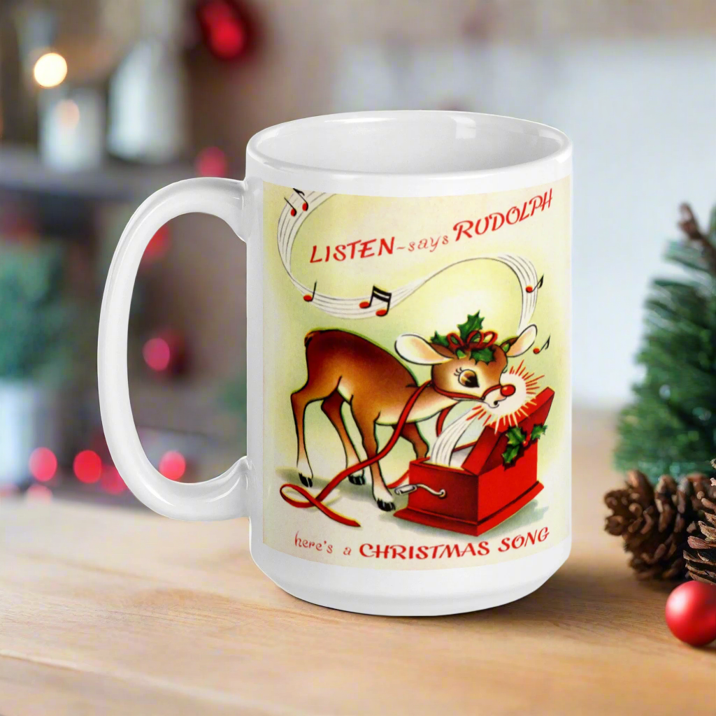 Listen Says Rudolph Here's A Christmas Song Mid Century Retro Glossy Coffee Mug