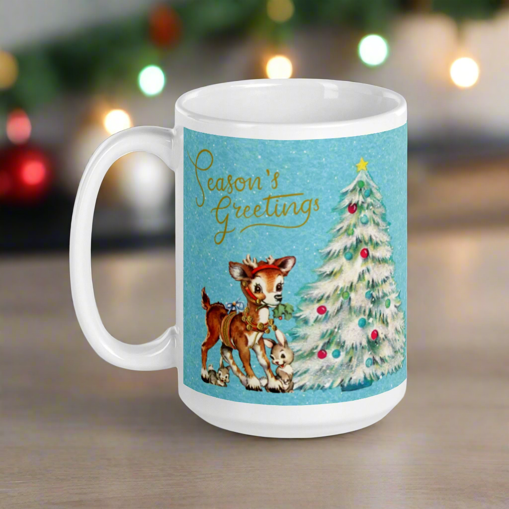 Seasons Greetings Reindeer Bunnies Retro Christmas Mug