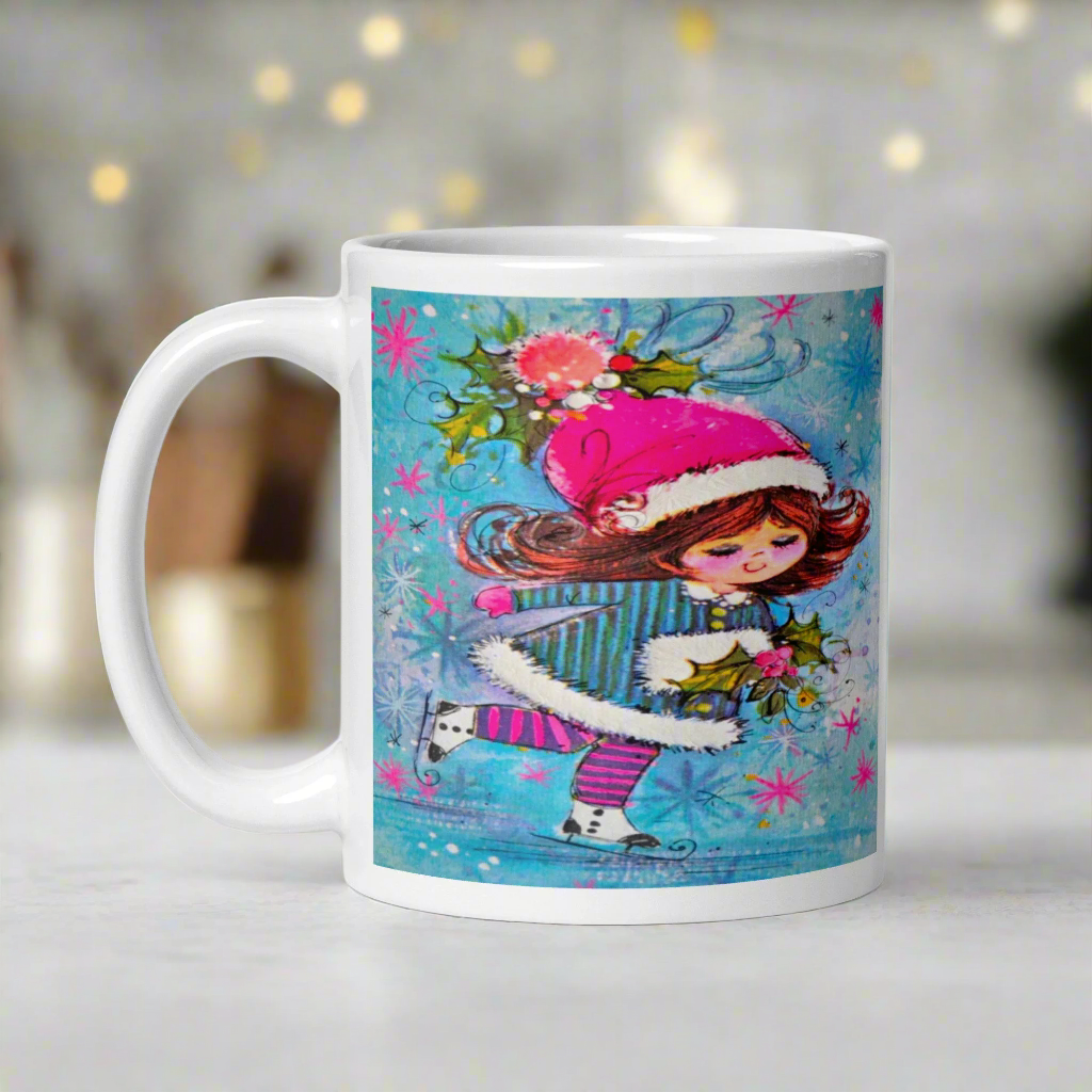 Ice Skating Girl Mod Retro Christmas Glossy Coffee Mug