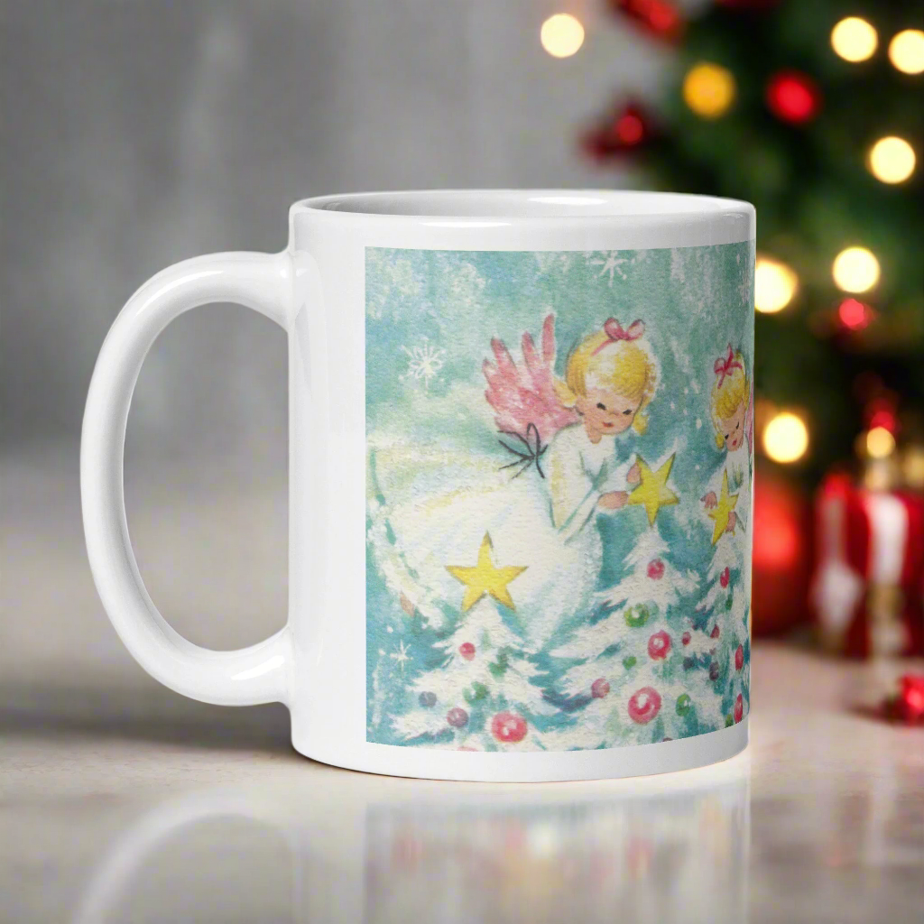 Christmas Angels Decorating Trees And Stars Midcentury Retro Glossy Coffee Mug
