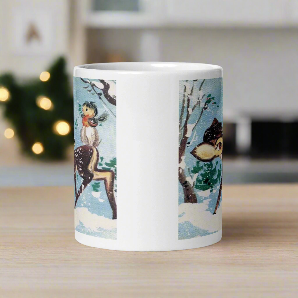 Fawn Baby Deer With Bird In Snow Retro Winter Christmas Glossy Coffee Mug