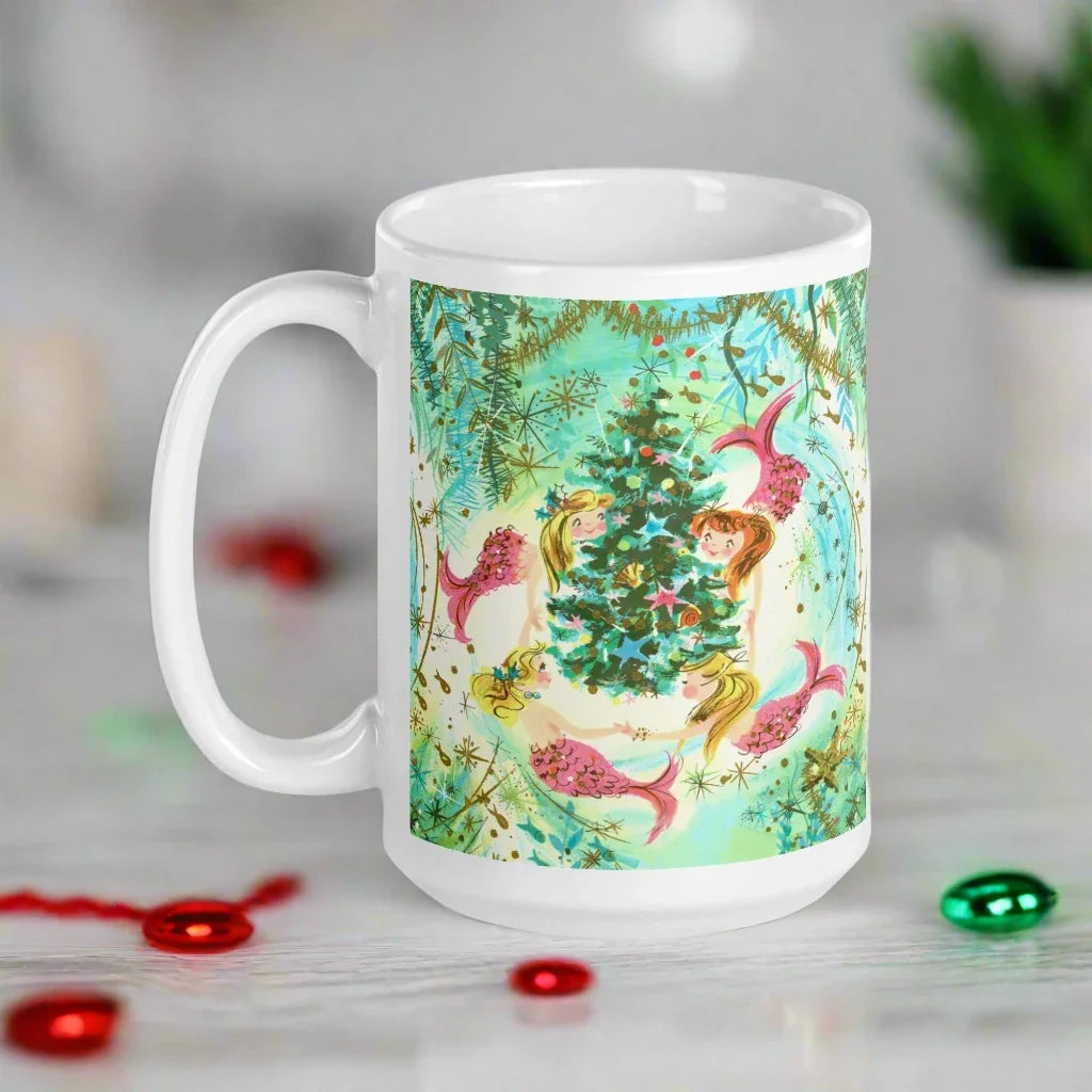 Mermaids Under The Sea Around The Christmas Tree Mid Century Retro Christmas Glossy Coffee Mug
