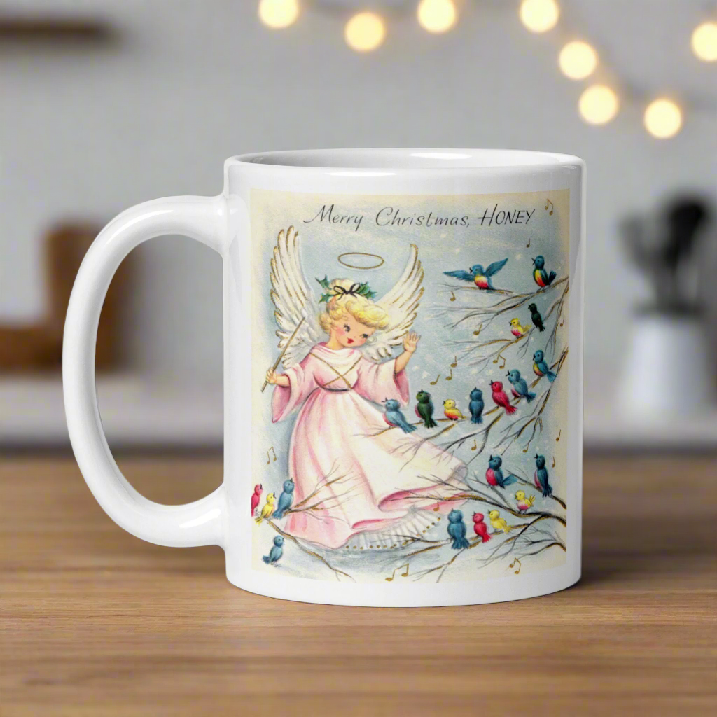 Merry Christmas Honey Angel Songbirds Midcentury Glossy Coffee Mug