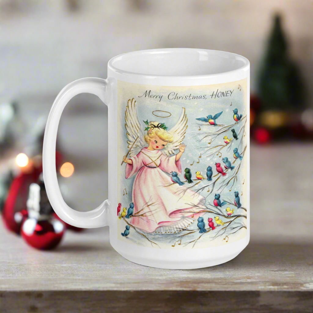 Merry Christmas Honey Angel Songbirds Midcentury Glossy Coffee Mug