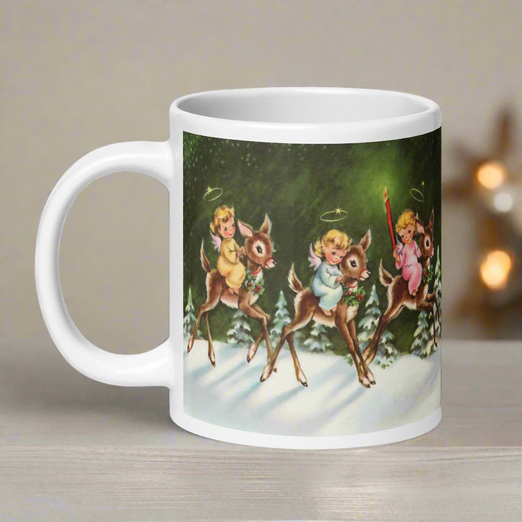 Angels And Reindeer Mid Century Retro Christmas Print Glossy Mug