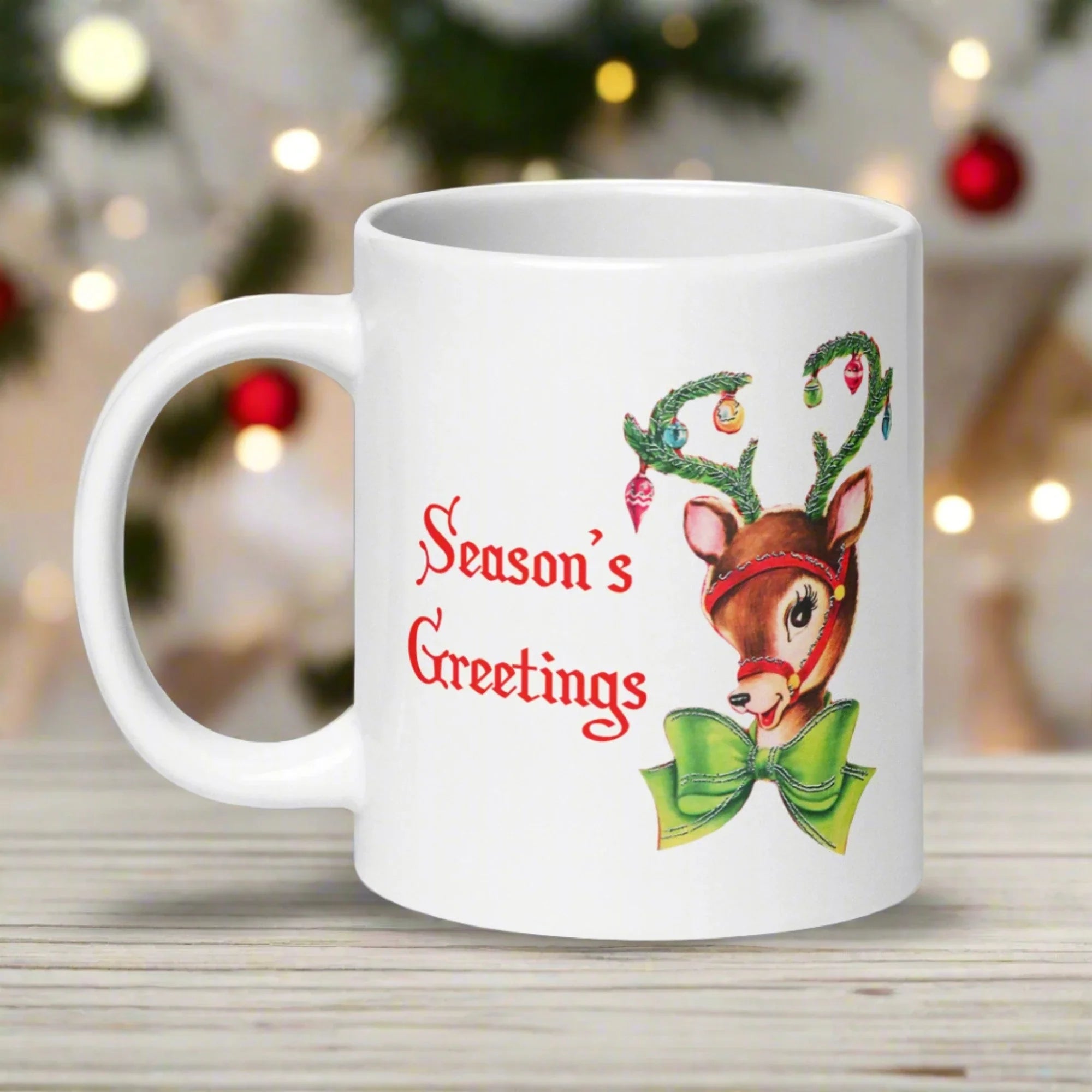 Season's Greetings Reindeer Retro Mid Century Christmas Print White Glossy Mug