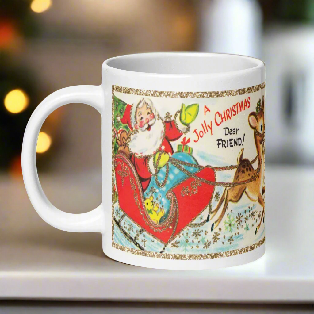 A Jolly Christmas Dear Friend Santa Reindeer Retro Christmas Glossy Mug