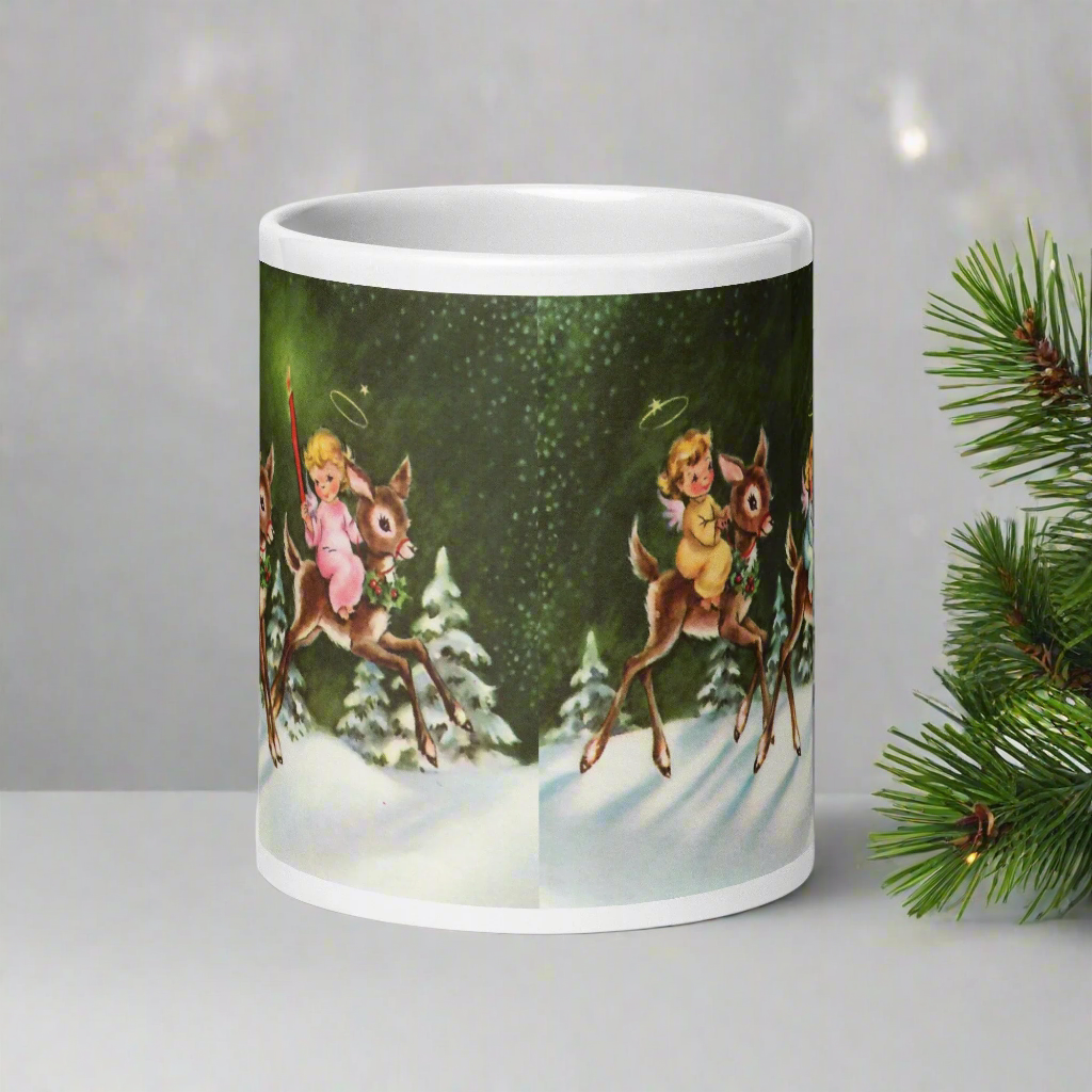 Angels And Reindeer Mid Century Retro Christmas Print Glossy Mug