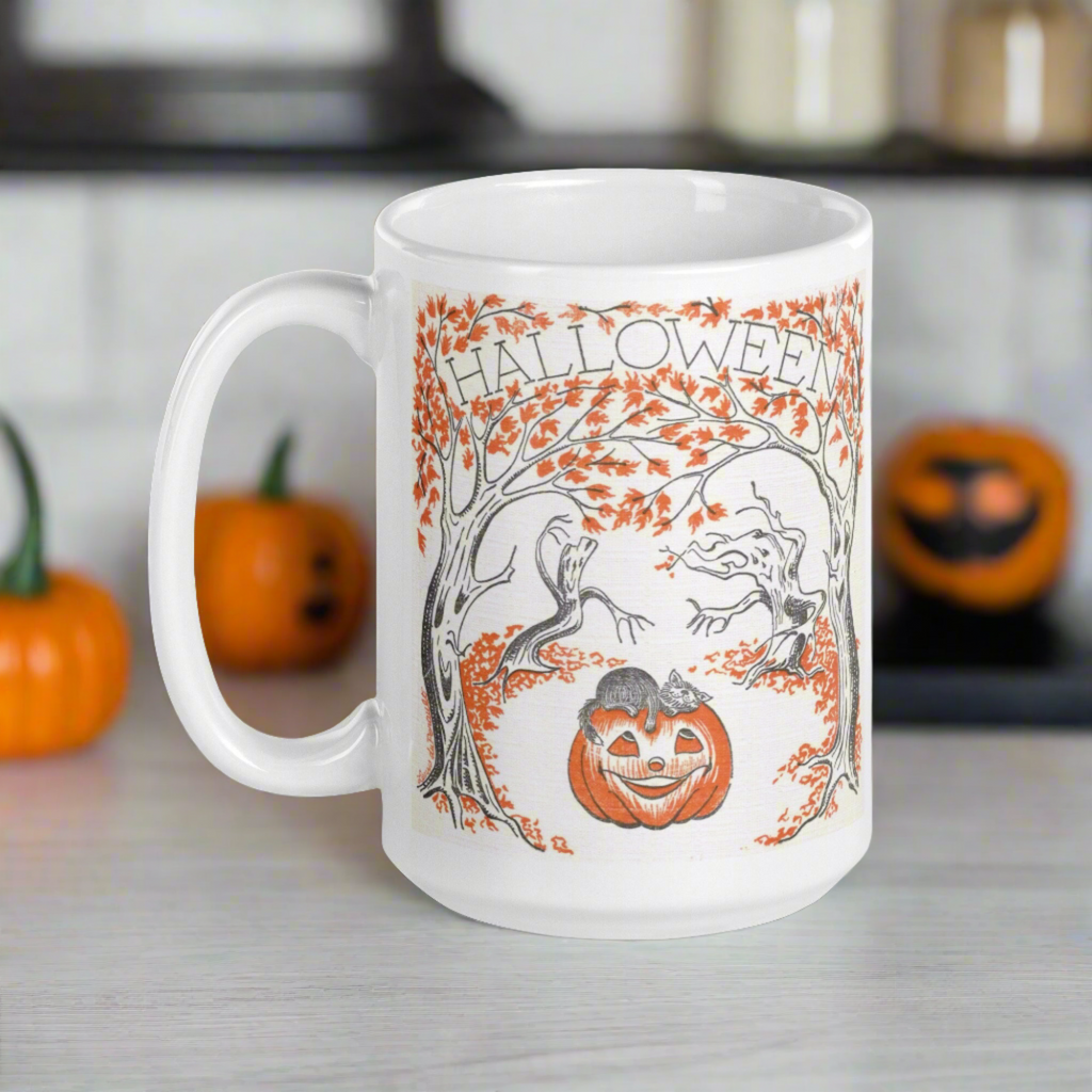 Halloween Trees Black Cat Pumpkin Retro Halloween Glossy Coffee Mug
