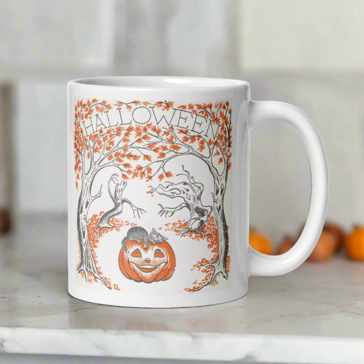 Halloween Trees Black Cat Pumpkin Retro Halloween Glossy Coffee Mug