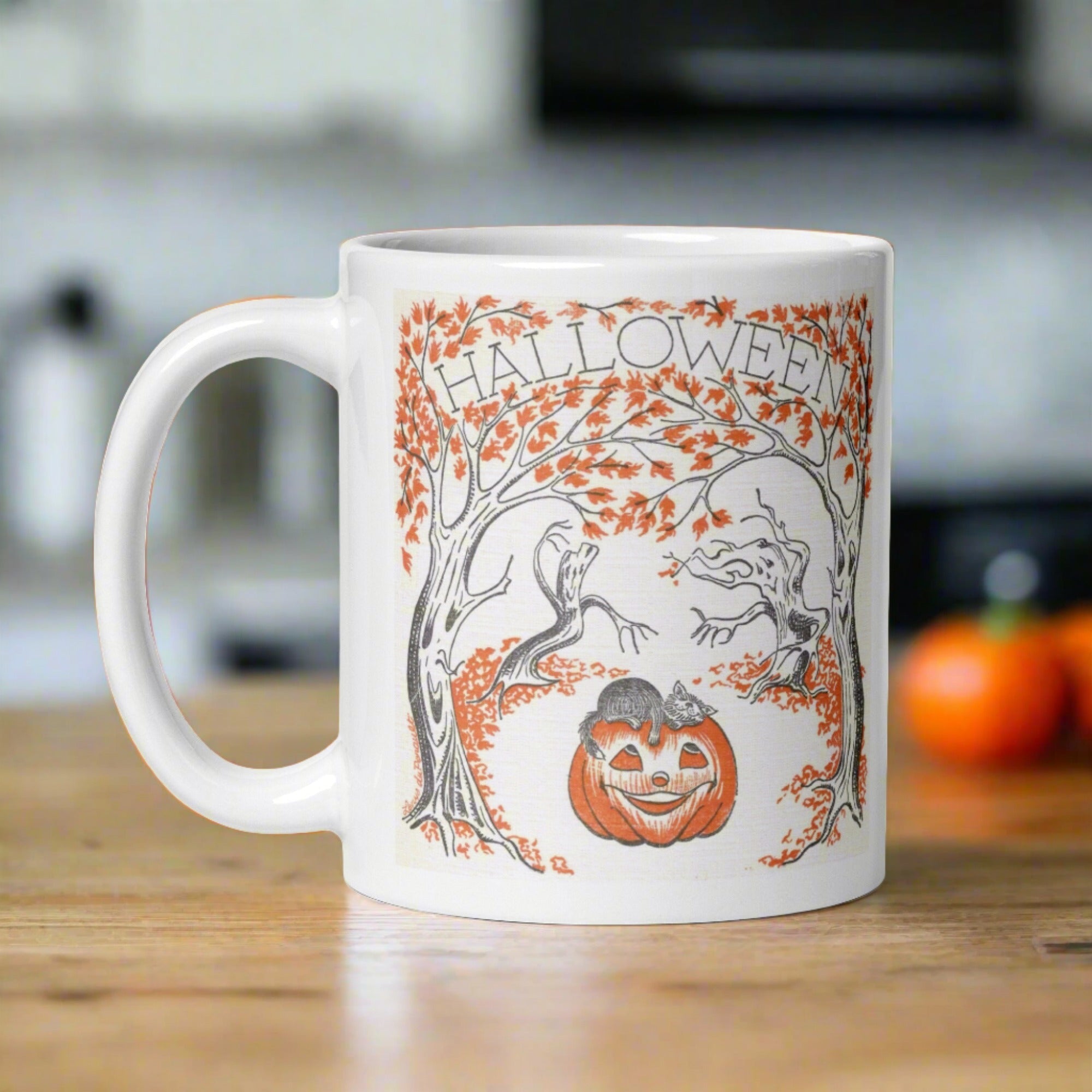 Halloween Trees Black Cat Pumpkin Retro Halloween Glossy Coffee Mug