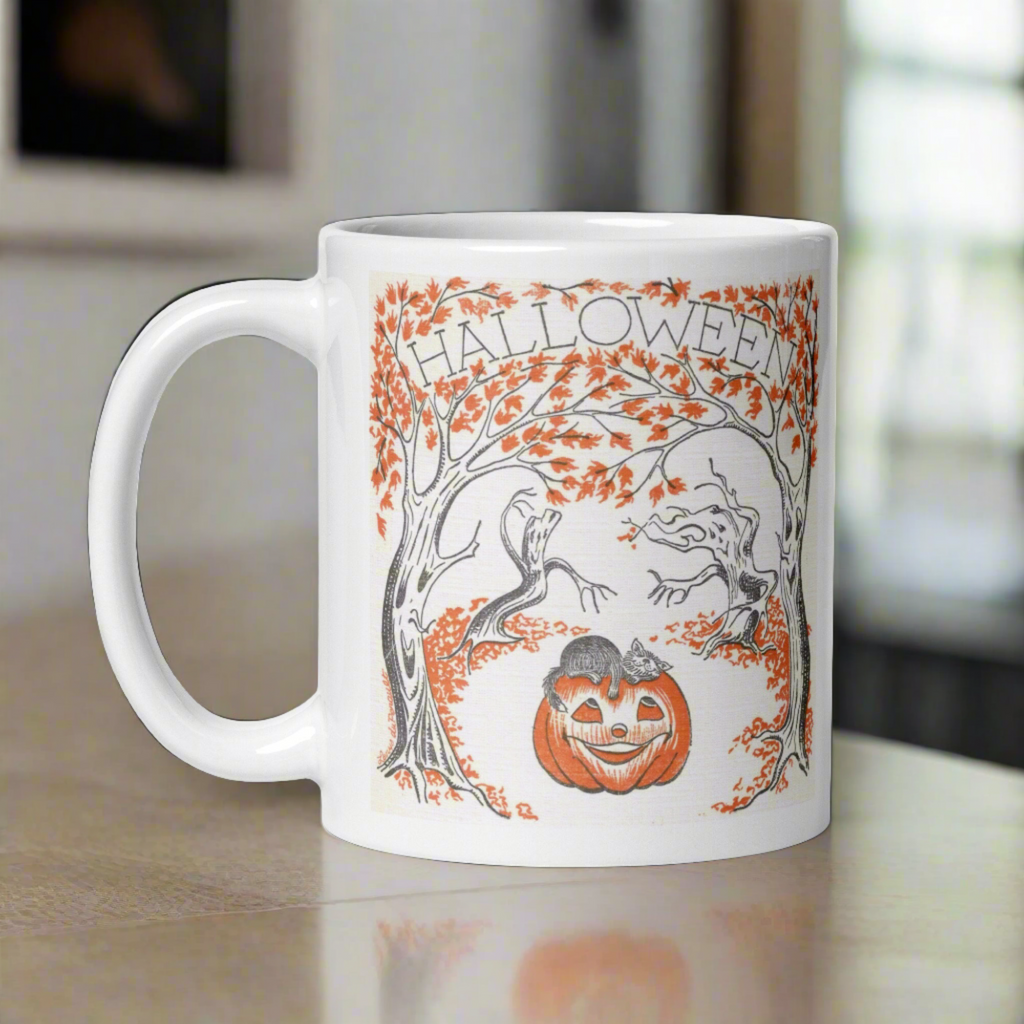 Halloween Trees Black Cat Pumpkin Retro Halloween Glossy Coffee Mug