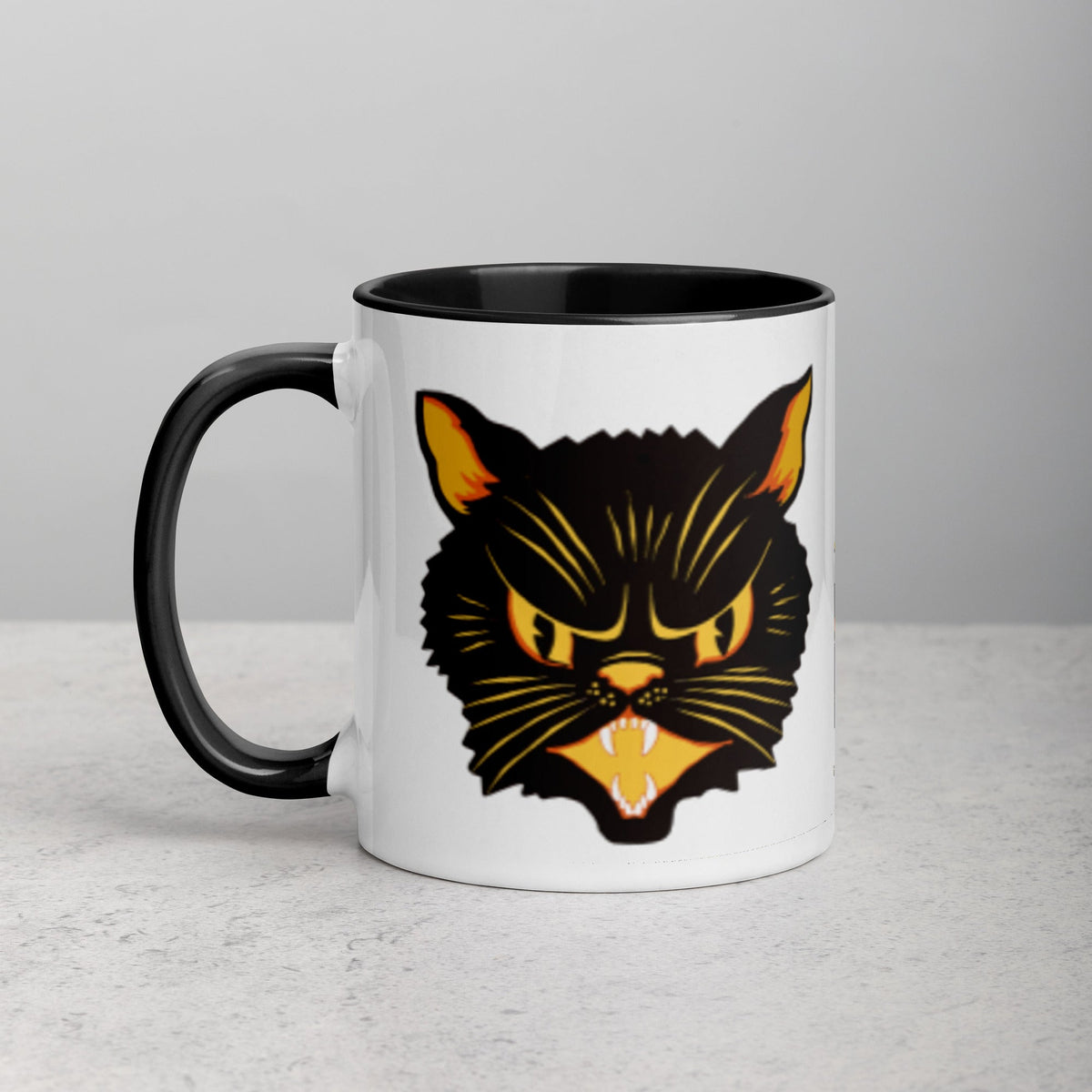 Black Cat Vintage Retro Halloween Print Black Lined Mug